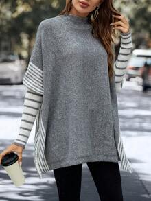 SHEIN LUNE 條紋圖案蝙蝠袖小高領斗篷 - 灰色 - 查看 5