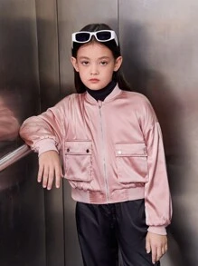 SHEIN Tween Girl Flap Pocket Drop Shoulder Zipper Up Thermal Bomber Jacket - Dusty Pink - View 6