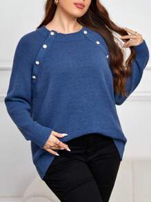 SHEIN Frenchy Plus Button Detail Raglan Sleeve Sweater In Fall/Winter - Blue - View 2
