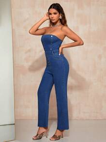 SHEIN BAE Button Front Belted Tube Denim Jumpsuit - Blue - View 3