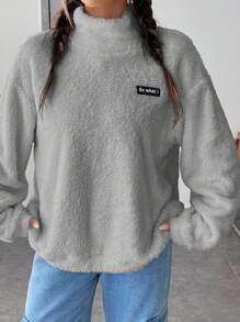 SHEIN EZwear 字母貼布落肩袖搖粒絨運動衫 - 灰色 - 查看 5