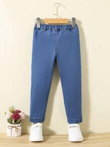 SHEIN Cô Gái Trẻ Túi nghiêng Lót Teddy Quần jean - Rửa trung bình - Xem 2