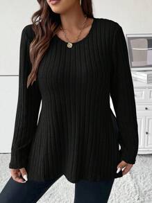 Calvaya Plus Solid Split Hem Tee - Black - View 1