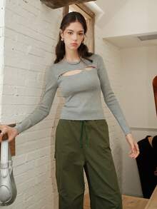 Solid Cut Out Front Sweater - Grey - View 6