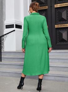 SHEIN Privé Plus Ruched Button Front Shirt Dress - Green - View 2