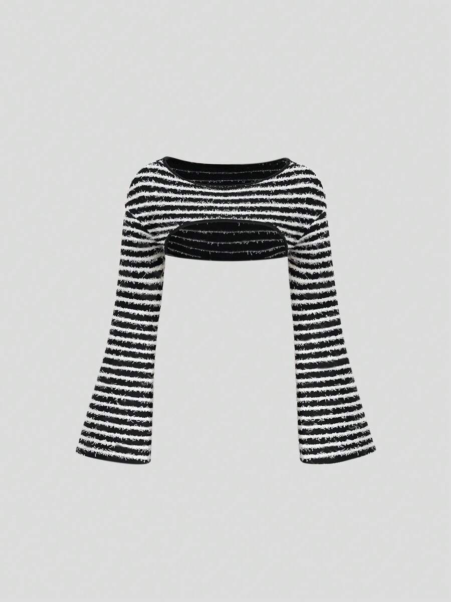 SHEIN Unity Striped Super Crop Top Without Cami Top - Black and White - View 1