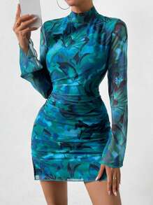 Zolique Allover Print Mock Neck Ruched Bodycon Dress