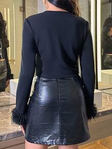 Chiquease Fuzzy Cổ tay áo Nút phía trước Áo Jacket Crop - màu đen - Xem 2