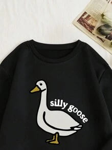 SHEIN EZwear Cartoon & Letter Graphic Thermal Lined Sweatshirt - Black - View 3