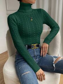 Chiquease Turtleneck Cable Knit Turtleneck Sweater - Dark Green - View 3