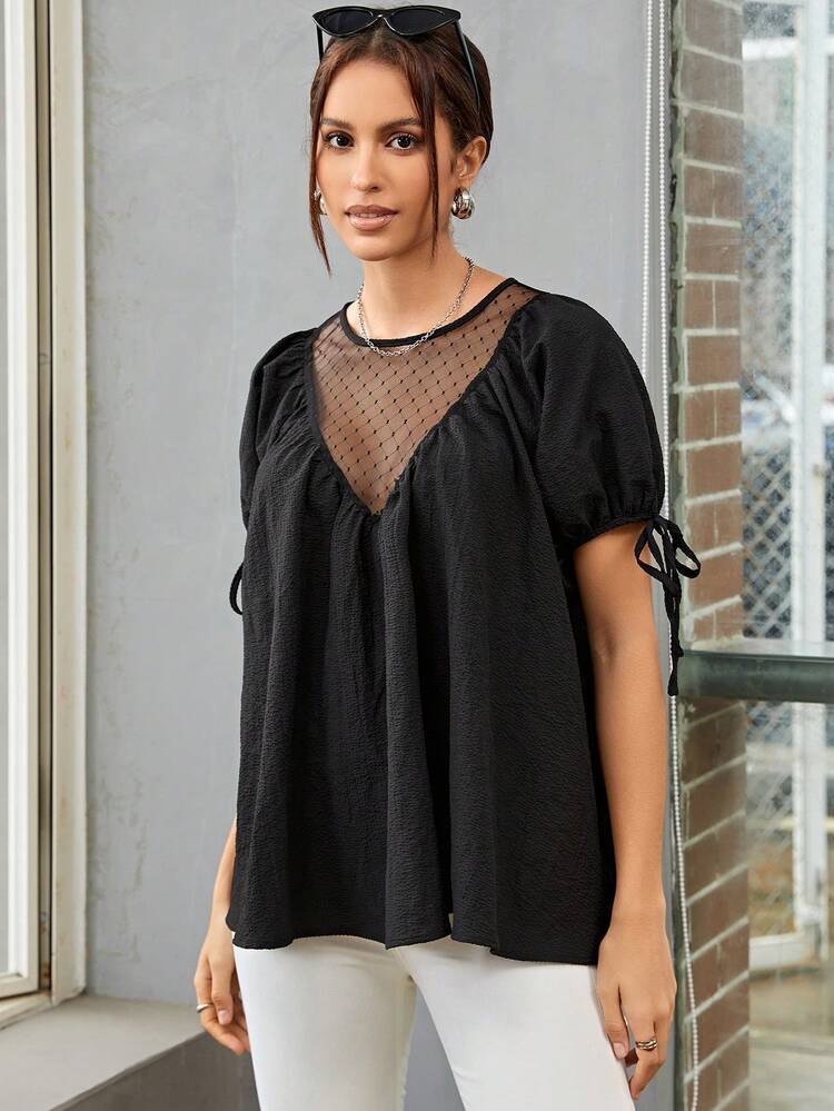 Contrast Mesh Knot Cuff Puff Sleeve Blouse