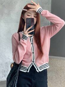 DAZY 條紋拼接邊前排扣開襟衫 - 粉色 - 查看 1