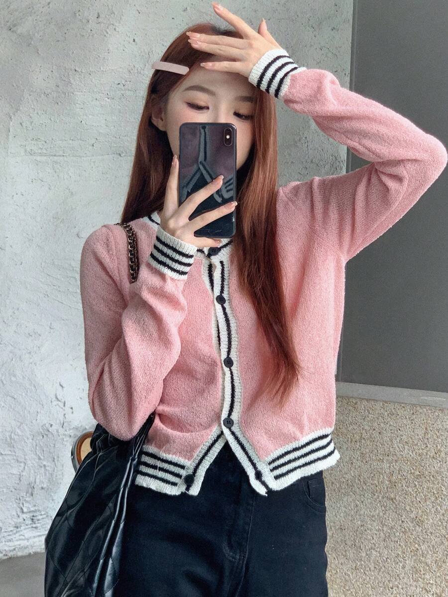 DAZY 條紋拼接邊前排扣開襟衫 - 粉色 - 查看 1