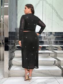 SHEIN Privé Plus Glitter Crop Top & Split Back Skirt