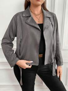 SHEIN LUNE Hơn Dây kéo Thắt lưng Suedette  Áo khoác moto - Xám - Xem 1