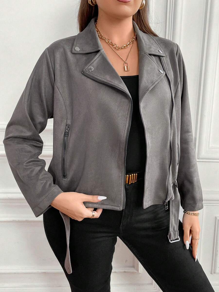 SHEIN LUNE Hơn Dây kéo Thắt lưng Suedette  Áo khoác moto - Xám - Xem 1
