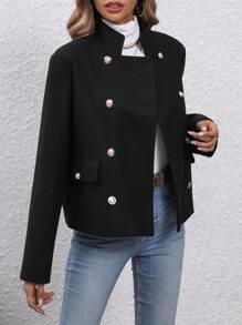 SHEIN Clasi Solid Double Breasted Overcoat - Black - View 3