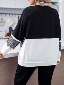 Calvaya 撞色拼接睫毛蕾丝落肩卫衣，适合毕业季、返校季、教师节等场合，秋冬新款。 - 黑與白 - 查看 2