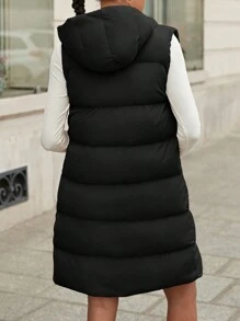 EURMUSE Solid Zip Up Hooded Vest Puffer Coat - Black - View 2