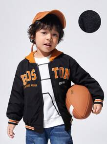 SHEIN جاكيت بطباعة أحرف مقلم مخطط بطباعة تيدي قبعة بدون كنزة صوف ولد طفل