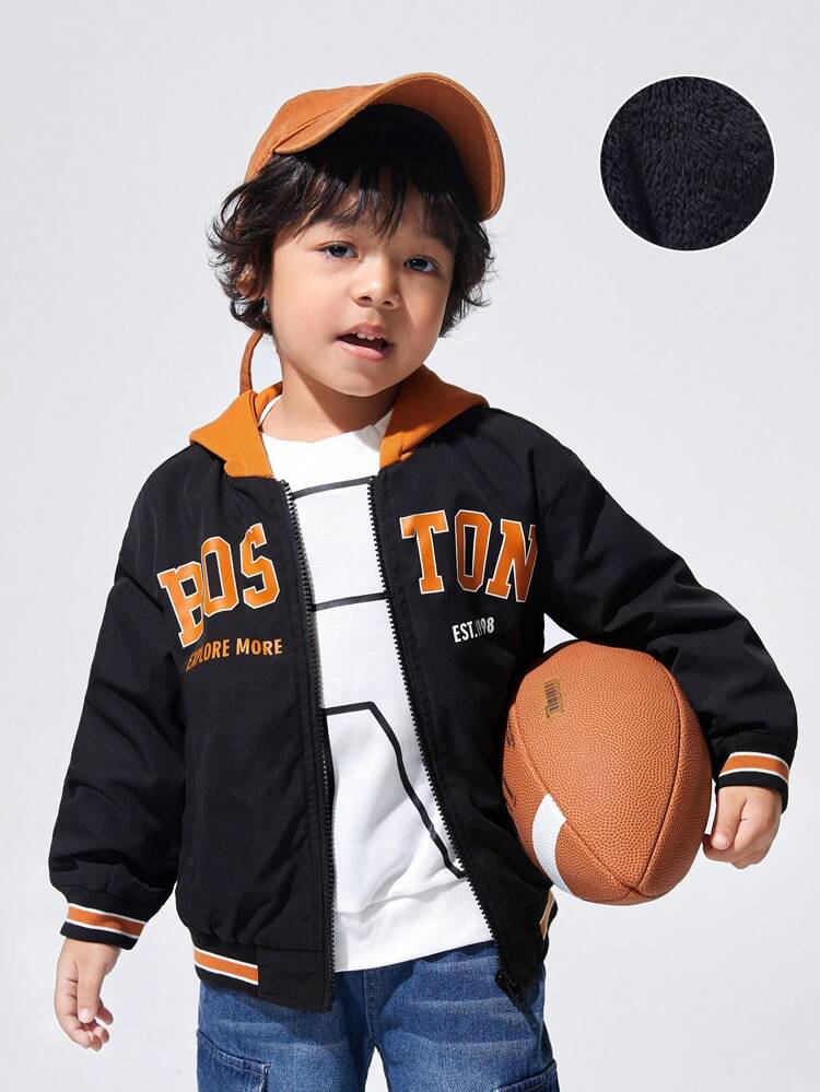Young Boy Letter Graphic Striped Trim Teddy Lined Hooded Jacket Without Sweater