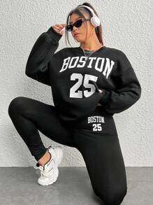 SHEIN EZwear Plus Letter Graphic Drop Shoulder Sweatshirt & Leggings - Black - View 1