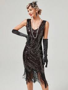 1920s Retro Fringed V-Neck Sequin Beaded Dress, Party Theme Dress (Gloves Not Included) - Black - View 4