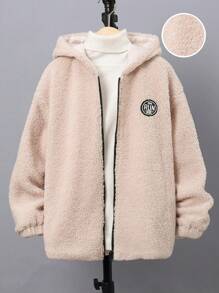 SHEIN Tween Boy Letter Patched Hooded Teddy Coat Without Sweater - Apricot - View 1