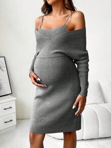 SHEIN Maternity Solid Cami & Batwing Sleeve Sweater Dress, For Winter - Grey - View 6