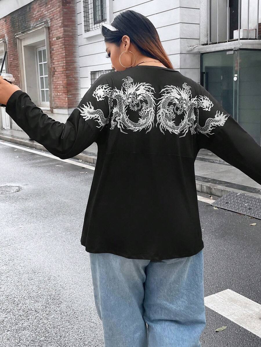 Flirla Plus Chinese Dragon Print Drop Shoulder Tee - Multicolor - View 1