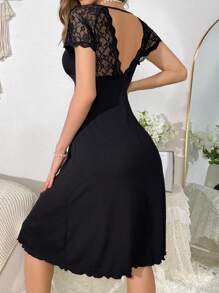 Contrast Lace Raglan Sleeve Pajama Nightdress - Black - View 2