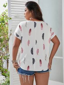 SHEIN LUNE Plus Feather Print Keyhole Neck Dolman Sleeve Blouse For Summer - White - View 2