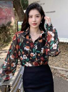 DAZY Camisa de manga larga con botones y estampado floral, atuendo de vacaciones para mujeres - Negro - Ver 3