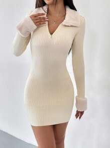 SHEIN EZwear 杏色博格领四分之一拉链紧身毛衣连衣裙（秋冬）