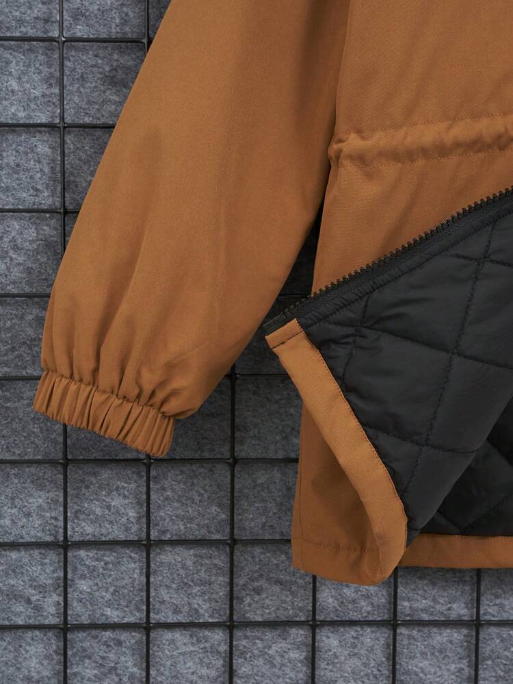 Tween Boy Letter Patched Detail Fuzzy Trim Hooded Parka Coat Without Sweater