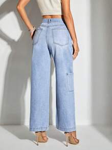 SHEIN BAE High Waist Pocket Side Wide Leg Jeans - Light Wash - View 2