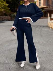SHEIN LUNE Contrast Trim Drop Shoulder Sweater & Split Hem Knit Pants - Navy Blue - View 1