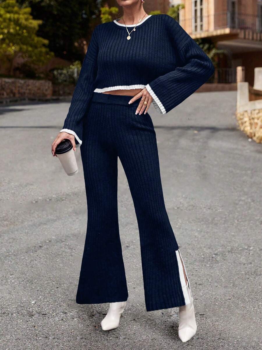 SHEIN LUNE Contrast Trim Drop Shoulder Sweater & Split Hem Knit Pants - Navy Blue - View 1