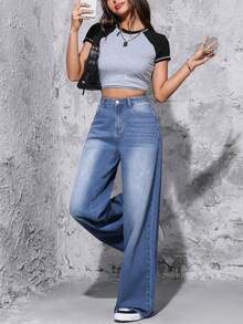 SHEIN 拉鏈門襟闊腿牛仔褲 - 淺色水洗藍 - 查看 5