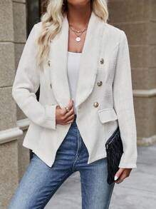 SHEIN Clasi 青果領雙排釦翻蓋細節花呢外套 - 白色 - 查看 3