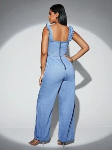 SHEIN SXY 荷葉邊闊腿牛仔背帶褲 - 淺色水洗藍 - 查看 3