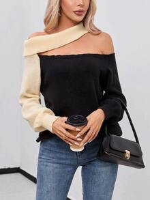 SHEIN Privé 撞色不對稱領套頭毛衣 - 卡其色 - 查看 4