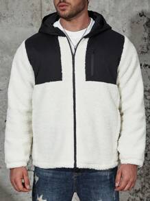 Manfinity Homme 男式加大码双色拉链连帽泰迪加厚外套 - 米色 - 查看 6