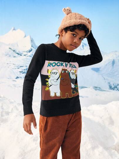 We Bare Bears X SHEIN Tween Boys Cartoon & Letter Pattern Sweater