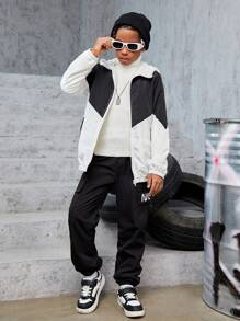 Tween Boy Two Tone Zip Up Hooded Coat Without Sweater - Black and White - View 5