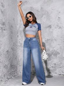 SHEIN 拉鏈門襟闊腿牛仔褲 - 淺色水洗藍 - 查看 1