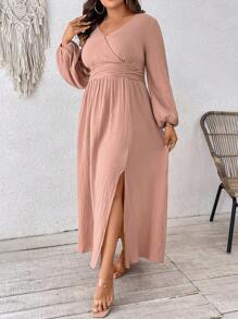 SHEIN VCAY Plus Lantern Sleeve Split Thigh Dress - Red - View 3