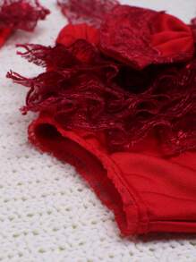 SHEIN Baby Girl Contrast Lace Bow Front Bodysuit & Headband Photo Outfit - Red - View 4