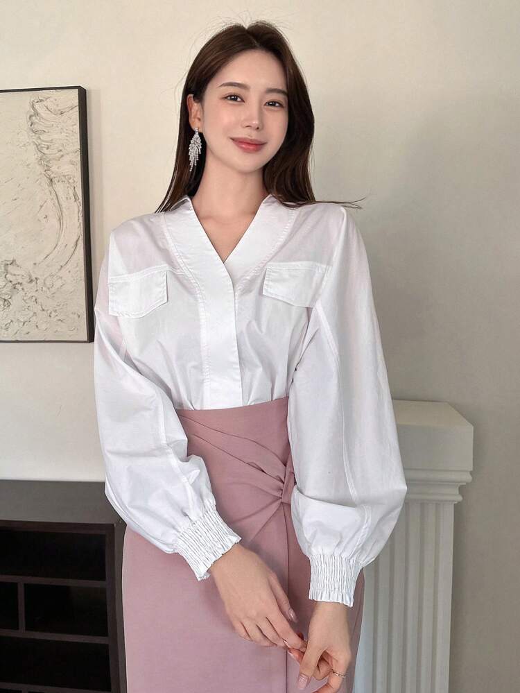 Flap Detail Drop Shoulder Shirt Long Sleeve Top