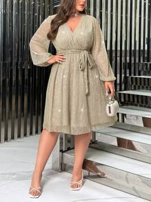 SHEIN Privé Plus Surplice Neck Lantern Sleeve Belted Glitter Dress